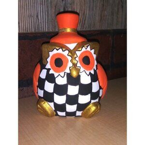 Whimsical painted OWL w/Hat CERAMIC pottery STATUE 5" vibrant checkered HALLOWEE